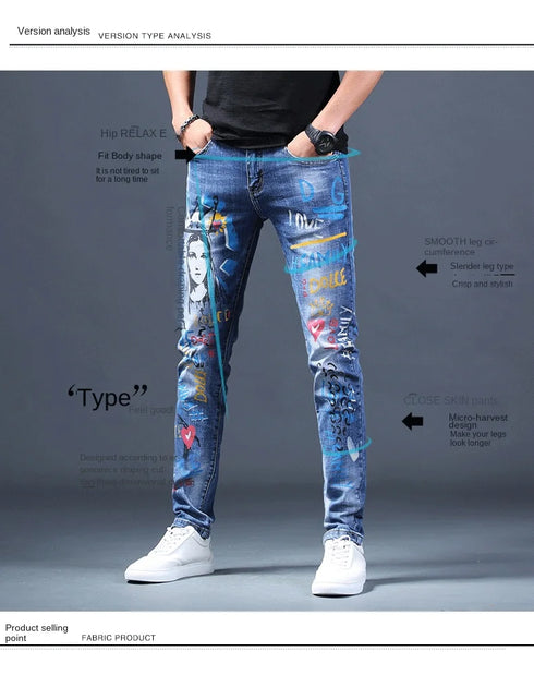 Slim Fit Korean Streetwear Graphical Printed Luxury Hip-Hop Stretch Denim Jeans for Men - Perfect Medium Wash Jeans Outfit
